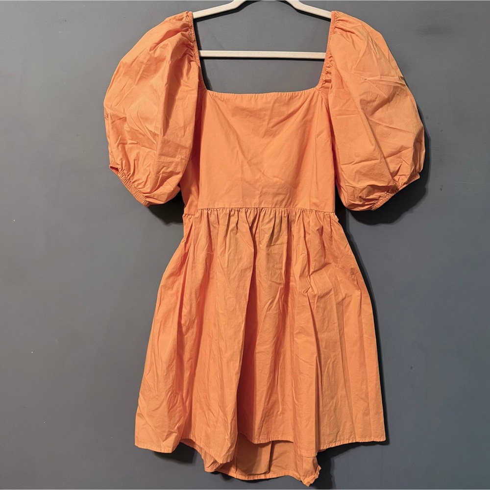 100% Cotton Dress with Pockets Bright Peach Orange Puff Sleeve Smocked Short XL
